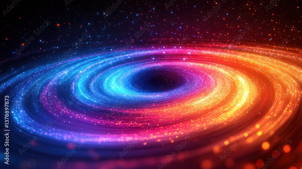 Obraz premium Vibrant swirling galaxy with colorful particles and dark center.
