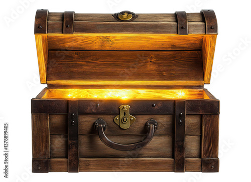 open wooden old chest with golden illumination inside