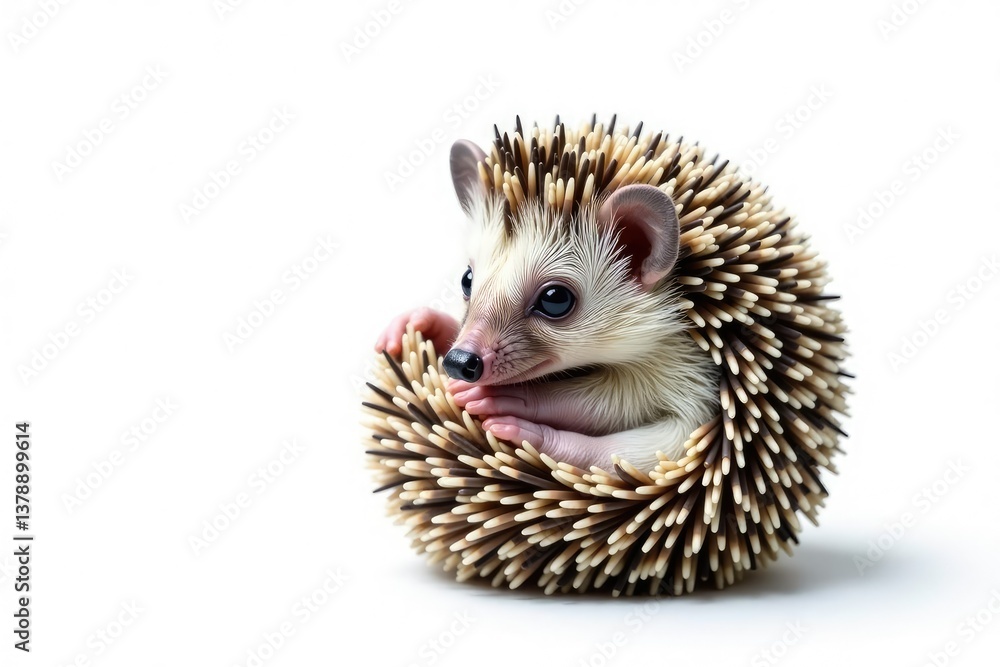 Obraz premium Tiny hedgehog curled in a ball on pure white background, nature, closeup, white background