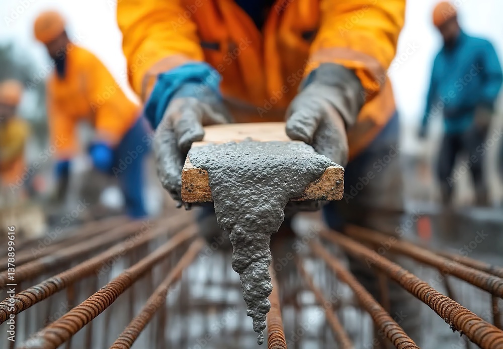 Construction site with workers pouring concrete into a steel grid, close-up of blue-gloved hand holding concrete, background laborers in orange uniforms Construction site with workers pouring concrete into a steel grid, close-up of blue-gloved hand holding concrete, background laborers in orange uniforms