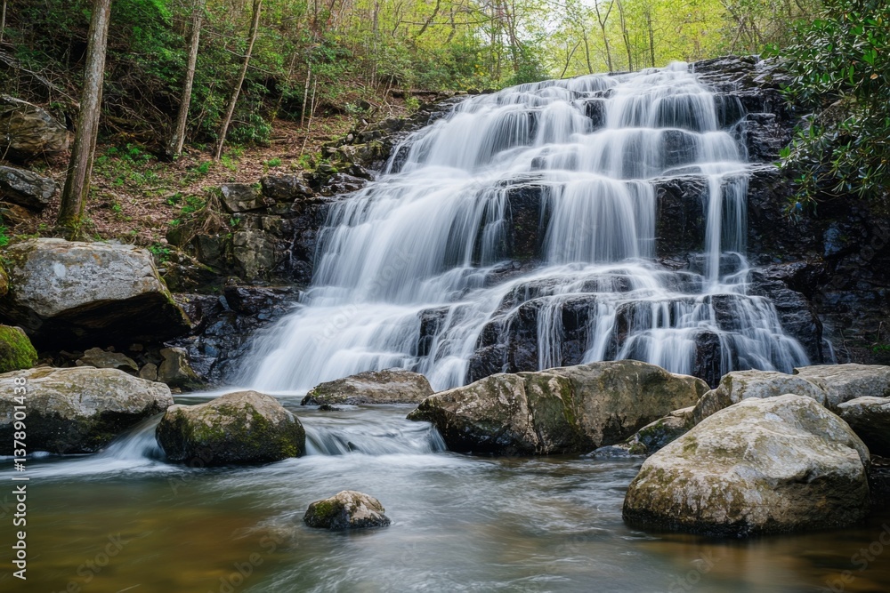 Fototapeta premium Scenic cascade waterfall surrounded by lush greenery and rocks