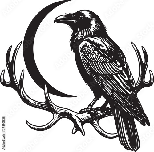 Black Raven on Antlers with Crescent Moon Vector Outline
