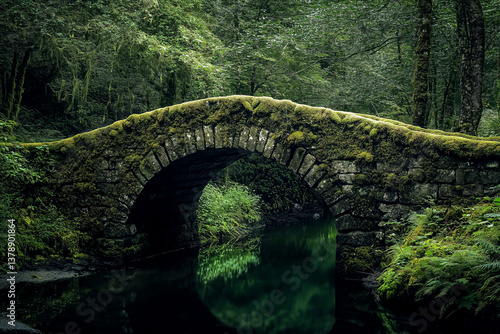 An image of an old stone bridge covered in moss in a lush forest, capturing a tranquil and historical feel. Perfect for nature and travel visuals.







