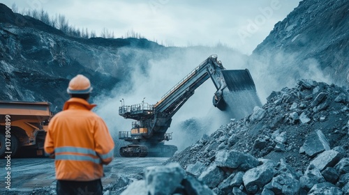 A mining site supervisor overseeing excavation operations with heavy machinery