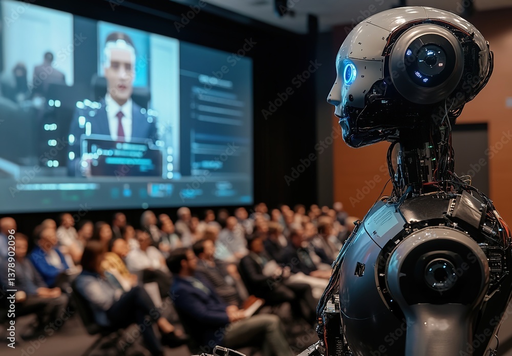 Futuristic robot in a conference setting with a crowd and large screen displaying a person's image, tablet showing data, audience in background, advanced technology Futuristic robot in a conference setting with a crowd and large screen displaying a person's image, tablet showing data, audience in background, advanced technology
