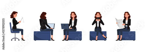 Business woman wear black shirt, long brown curly hair character vector illustration design set. Woman sitting and working in office.