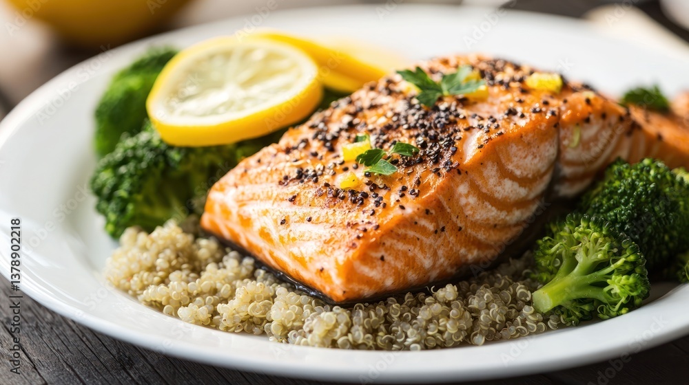 Exquisite grilled salmon fillet atop quinoa with broccoli and lemon garnish plate Exquisite grilled salmon fillet atop quinoa with broccoli and lemon garnish plate