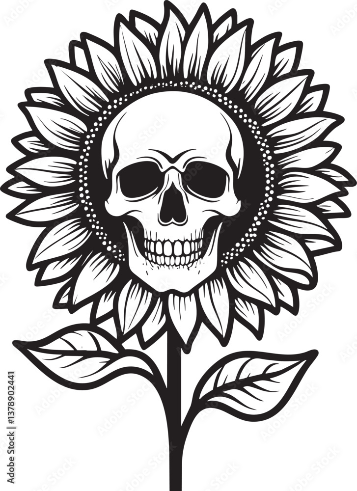 Fototapeta premium Skull Sunflower Vector Illustration Black Outline
