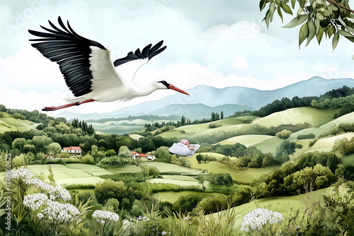 Stork flying over green hills and countryside landscape