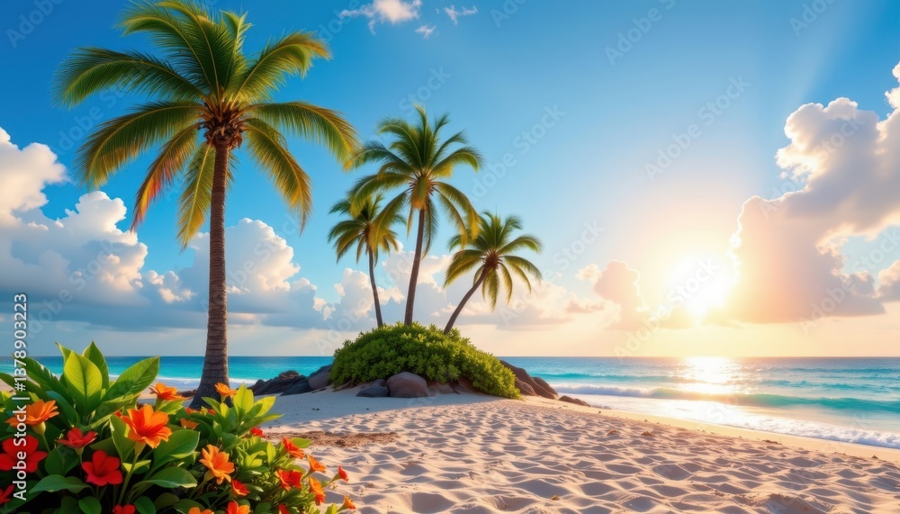 Fototapeta premium Tropical Paradise An island scene displaying vibrant palm trees, sun, and beach elements, inviting a sense of relaxation and excitement.