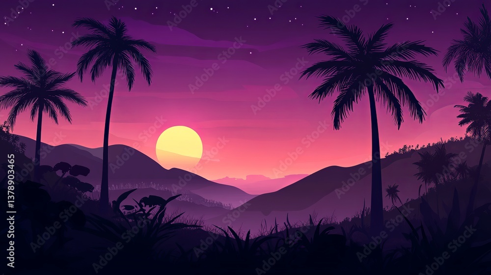 Fototapeta premium Silhouette Palm Trees Tropical Sunset Landscape Purple Pink Mountains Vector Illustration Summer Evening Nature Scenery Beautiful Peaceful Calm 