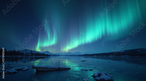 Wallpaper Mural Generative AI Aurora Borealis Northern Lights Reflecting Lake aurora borealis northern lights lake night sky mountains reflection green blue snow landscape stars serenity wonder adventure Torontodigital.ca