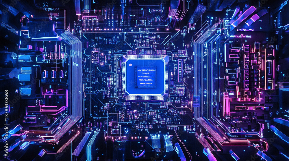 Fototapeta premium Futuristic Motherboard Close up Neon Circuit Board with Central Processing Unit Technological