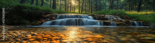 Tranquil forest waterfall with sunlit reflection in scenic nature landscape