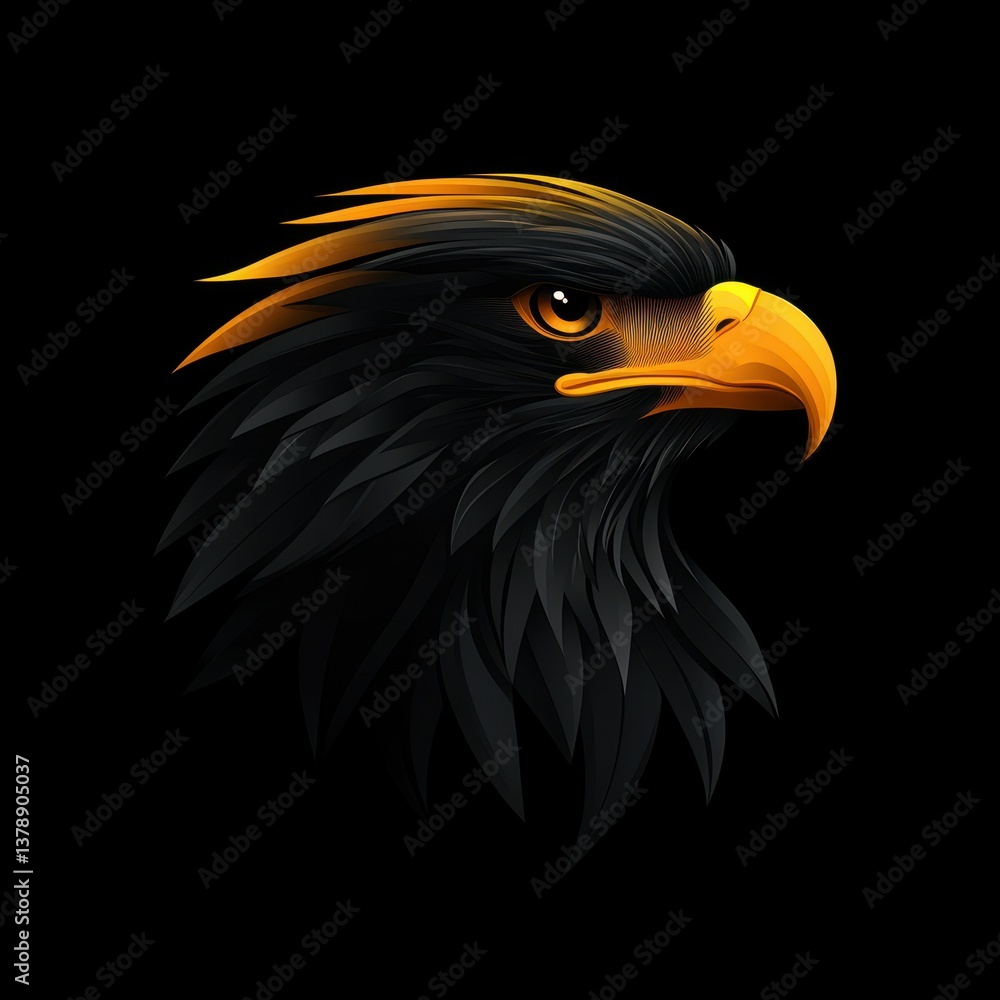 Majestic eagle showcasing intricate feather details on a black background during a vivid artistic representation Majestic eagle showcasing intricate feather details on a black background during a vivid artistic representation