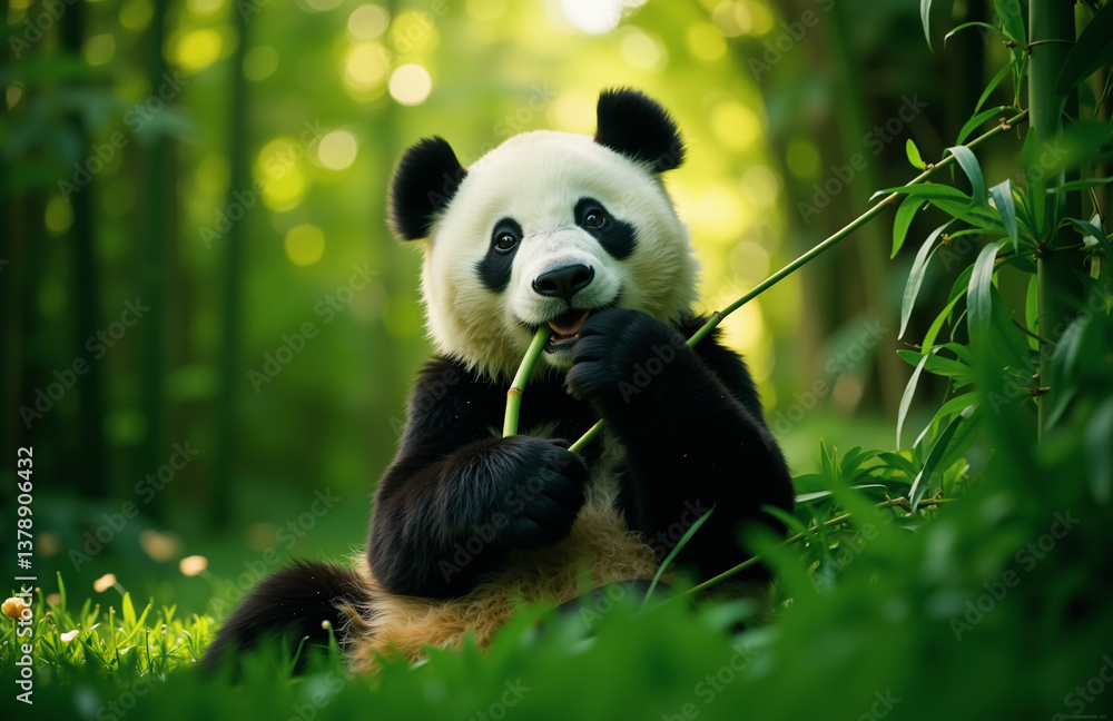 Obraz premium Giant panda eating bamboo in sunlit tranquil forest