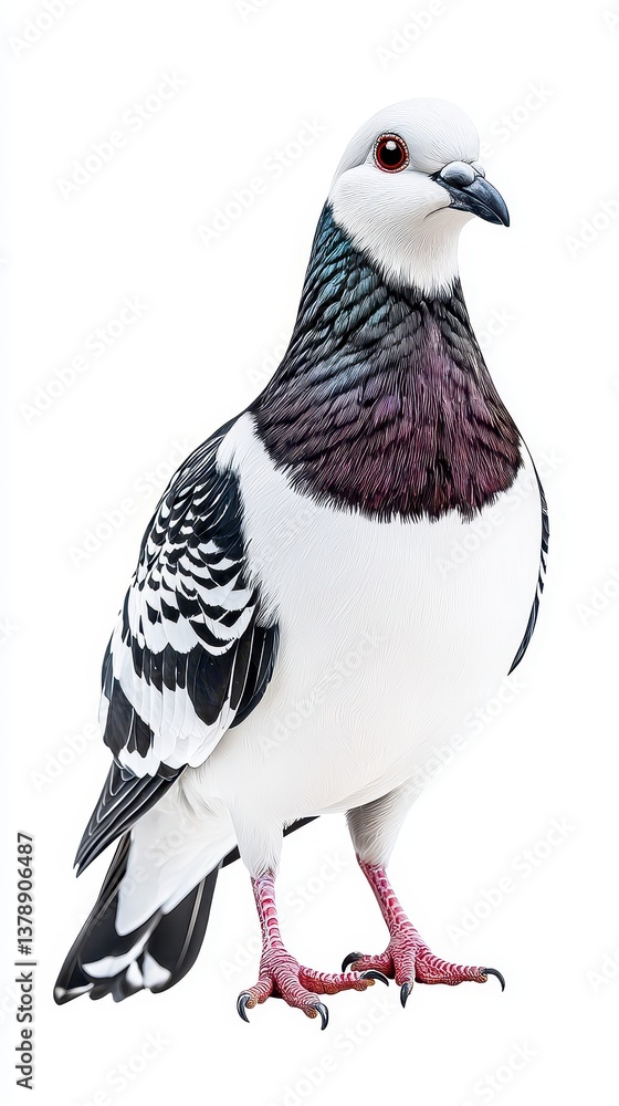 Fototapeta premium A striking pigeon isolated on a white background capturing its unique features and colorful feather patterns