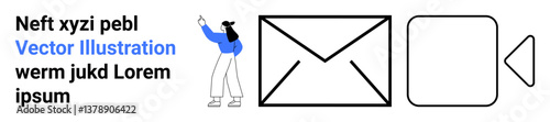 Woman pointing towards minimalist communication icons such as an envelope and video camera outline. Ideal for communication, messaging, video calls, media sharing, marketing, networking, tutorials