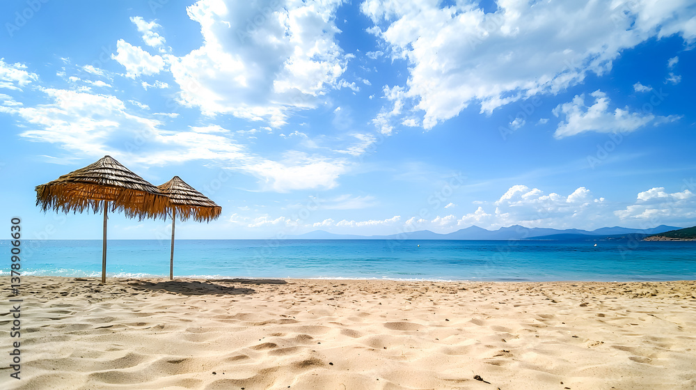 Fototapeta premium Serene Beach Landscape with Straw Umbrellas and Clear Blue Water