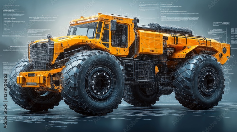 A futuristic high-tech, oversized tire, yellow truck explosion image. Amphibious, the explosion diagram clearly displays the main components. A futuristic high-tech, oversized tire, yellow truck explosion image. Amphibious, the explosion diagram clearly displays the main components.