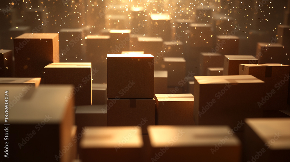 Fototapeta premium Numerous Cardboard Boxes in Warehouse Golden Light Logistics Shipping Delivery Concept