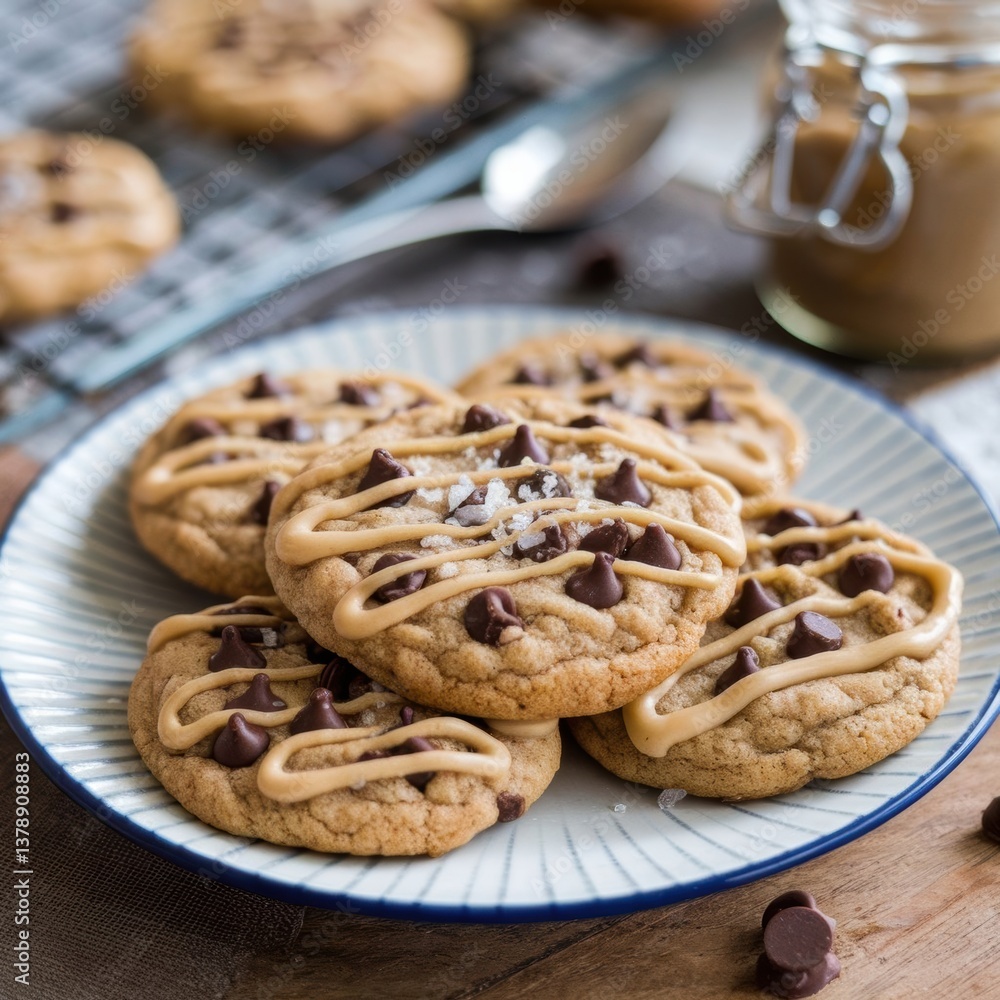 A plate of freshly baked cookies drizzled with peanut butter icing and topped with chocolate chips, surrounded by a jar and scattered ingredients. A plate of freshly baked cookies drizzled with peanut butter icing and topped with chocolate chips, surrounded by a jar and scattered ingredients.
