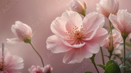 Soft pink flowers bloom gracefully in a serene garden during the warm afternoon sunlight