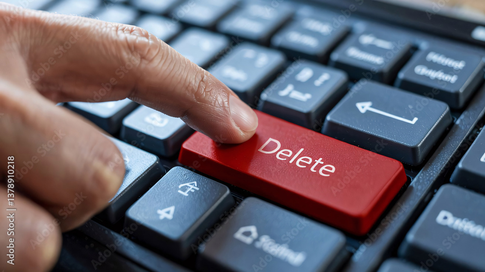Hand Pressing the Delete Button on a Keyboard. Concept of Deletion: Delete Key on Computer Keyboard.
Hand Pressing the Delete Button on a Keyboard. Concept of Deletion: Delete Key on Computer Keyboard.