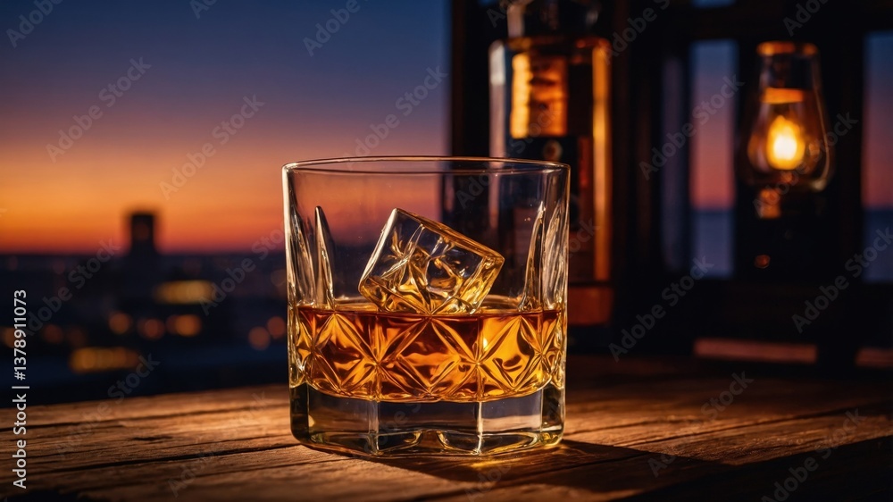 Whiskey on the rocks served during sunset at a rooftop bar overlooking the city skyline Whiskey on the rocks served during sunset at a rooftop bar overlooking the city skyline