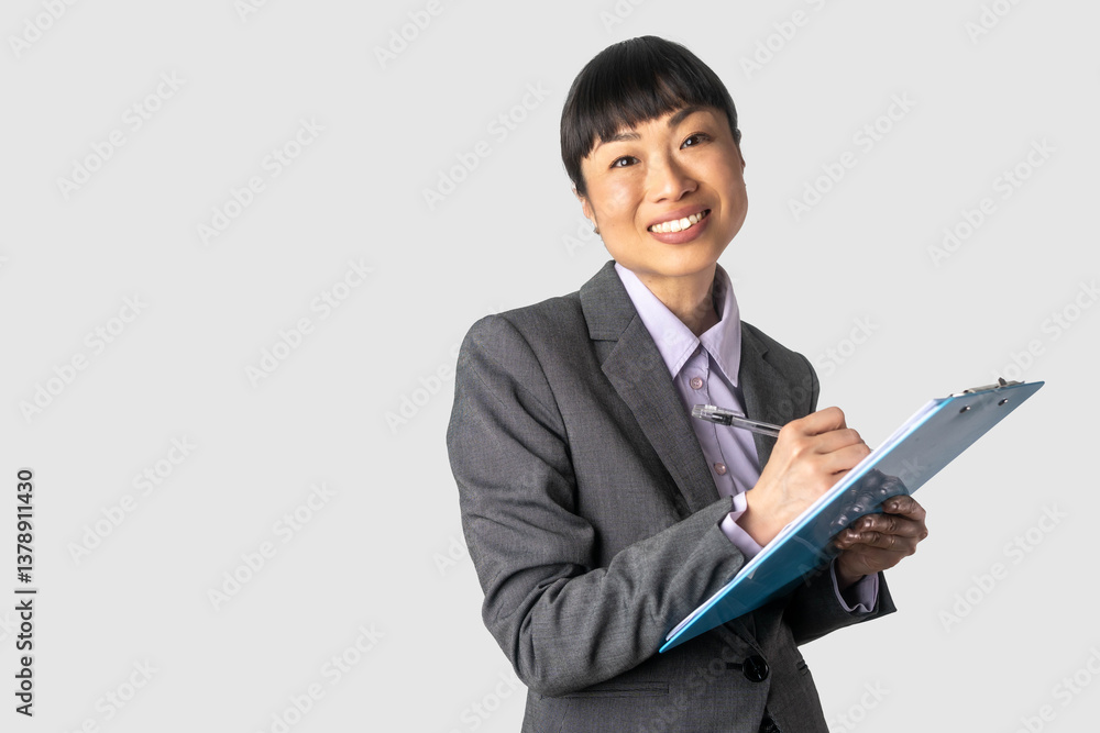 Photo of gorgeous asian secretary woman with short hair writing down notes in clipboard while working in office Photo of gorgeous asian secretary woman with short hair writing down notes in clipboard while working in office