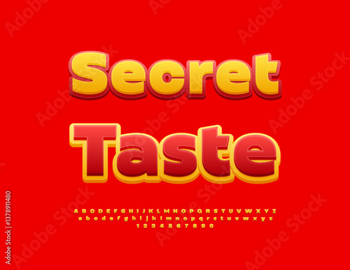 Vector Creative template Secret Taste. Yellow and Red Classic Font. Fashion Alphabet Letters and Numbers set.