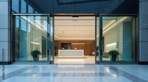 Glass Entrance of Corporate Office Building with Automatic Doors