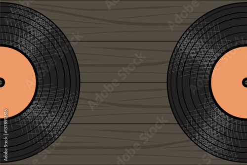 Background with vinyl disk retro vintage object music song disco old fashion style wooden background 