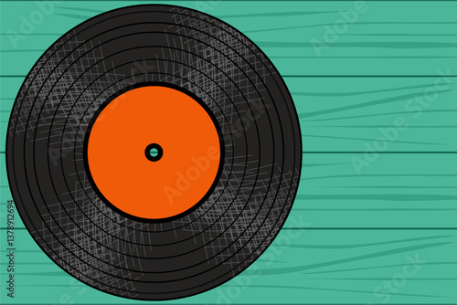 Background with vinyl disk retro vintage object music song disco old fashion style wooden background 