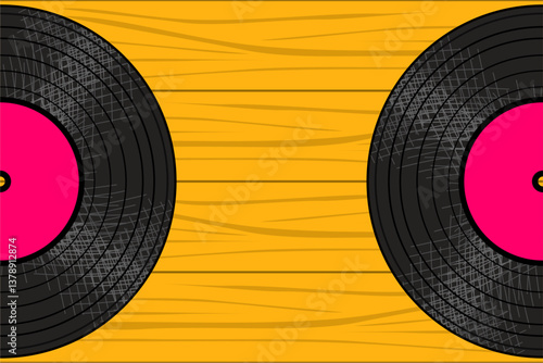 Background with vinyl disk retro vintage object music song disco old fashion style wooden background 