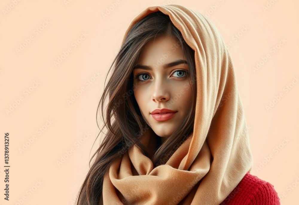 Woman with scarf wrapped around her hair in natural light Woman with scarf wrapped around her hair in natural light