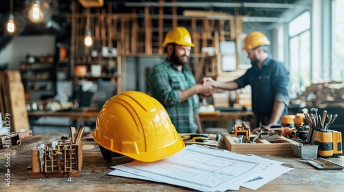 Two workers shaking hands in workshop