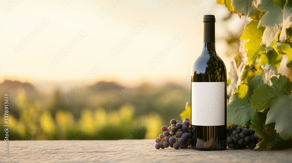 Obraz premium Vineyard bottle at sunset with grapes nearby showcasing peaceful wine country atmosphere
