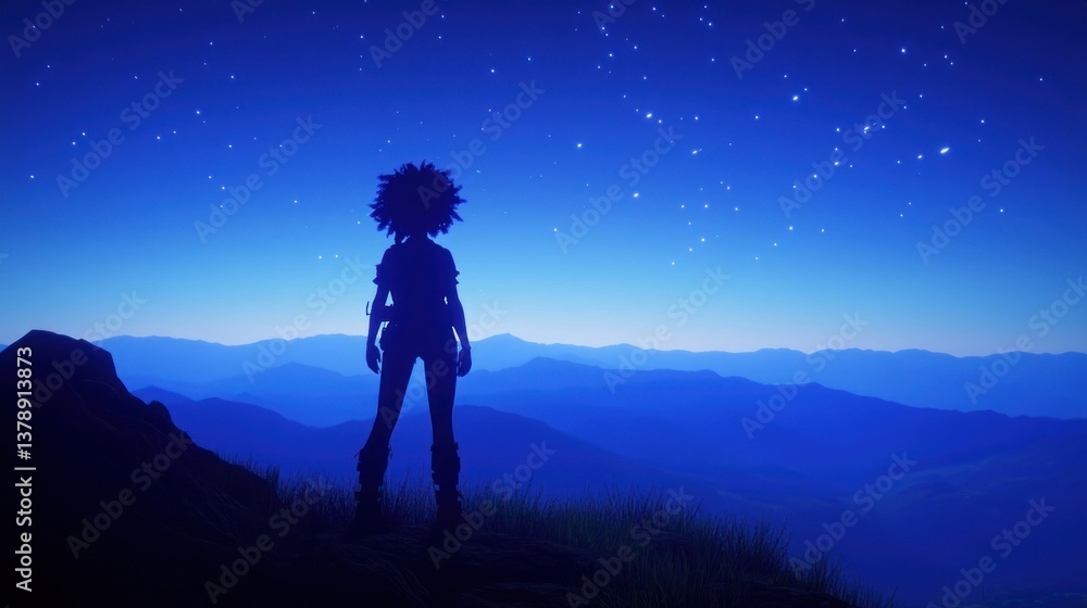 Fototapeta premium Silhouette woman on mountaintop at night gazing at starry sky