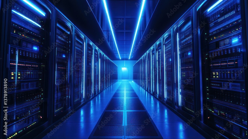 Futuristic data center illuminated with neon blue lights displaying server racks Futuristic data center illuminated with neon blue lights displaying server racks