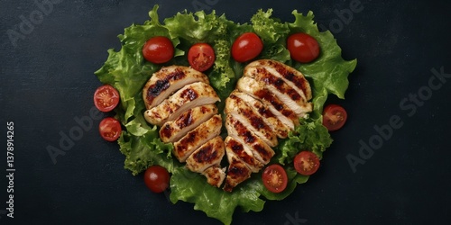 A heart-shaped grilled chicken breast, sliced and nestled in vibrant green lettuce with juicy cherry tomatoes, a healthy and delicious meal beautifully presented on a dark background.