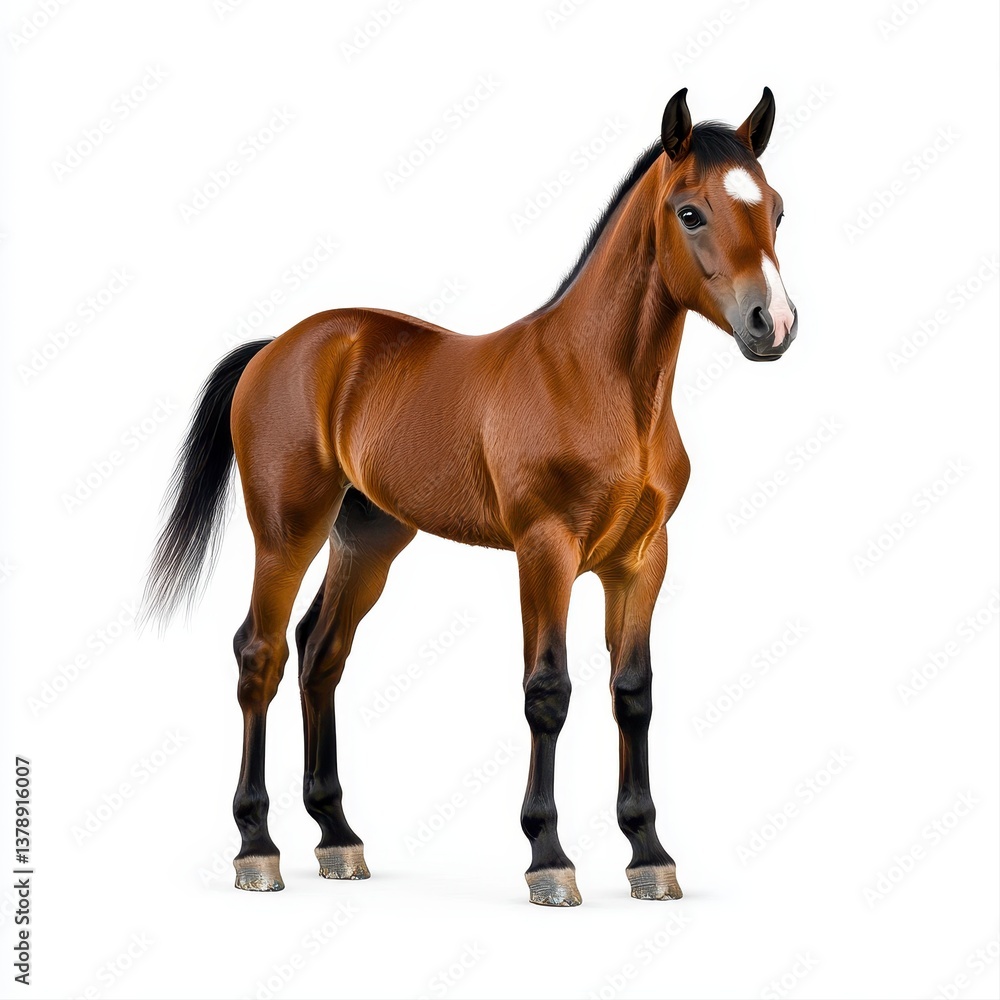 Fototapeta premium Majestic brown horse standing gracefully in a serene natural setting with vibrant green grass and clear blue sky
