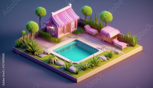 An isometric and isotope miniature house with a big swimming pool, green grass backyard, beautiful garden for the home;