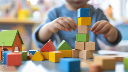 A young child focuses on stacking colorful building blocks while surrounded by various shapes in a playful indoor setting