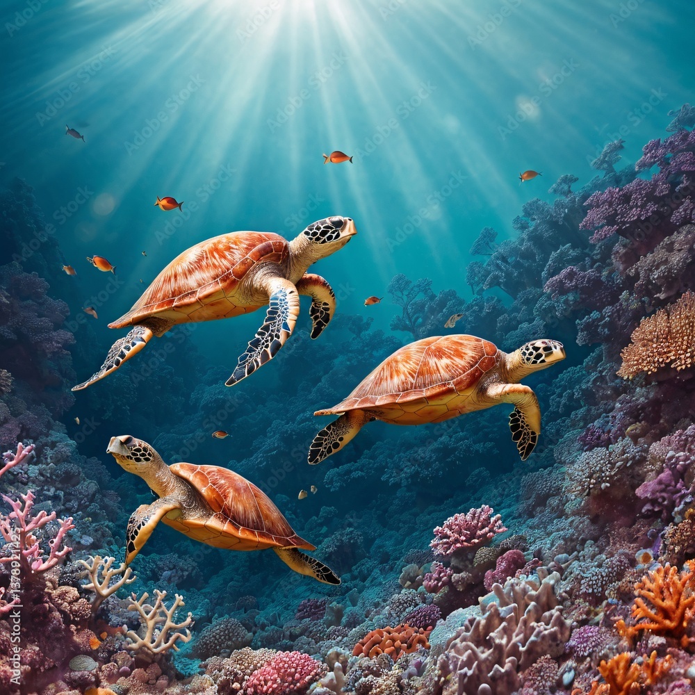 A sea turtle swims through a colorful reef, bathed in the soft, golden light of the setting sun. Generated AI. A sea turtle swims through a colorful reef, bathed in the soft, golden light of the setting sun. Generated AI.