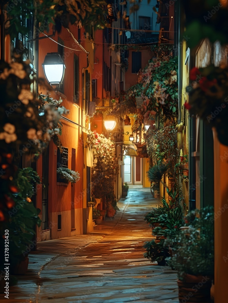 Fototapeta premium The peaceful light and shadow of the streets and alleys at night