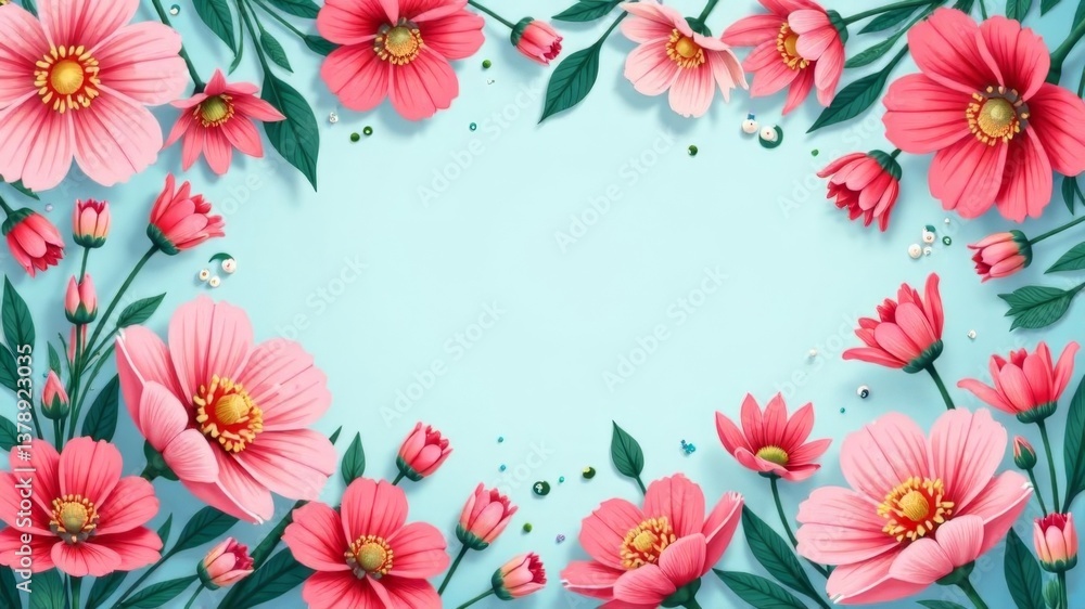 Pink paper flowers with green leaves on blue background in floral frame layout. Pink paper flowers with green leaves on blue background in floral frame layout.