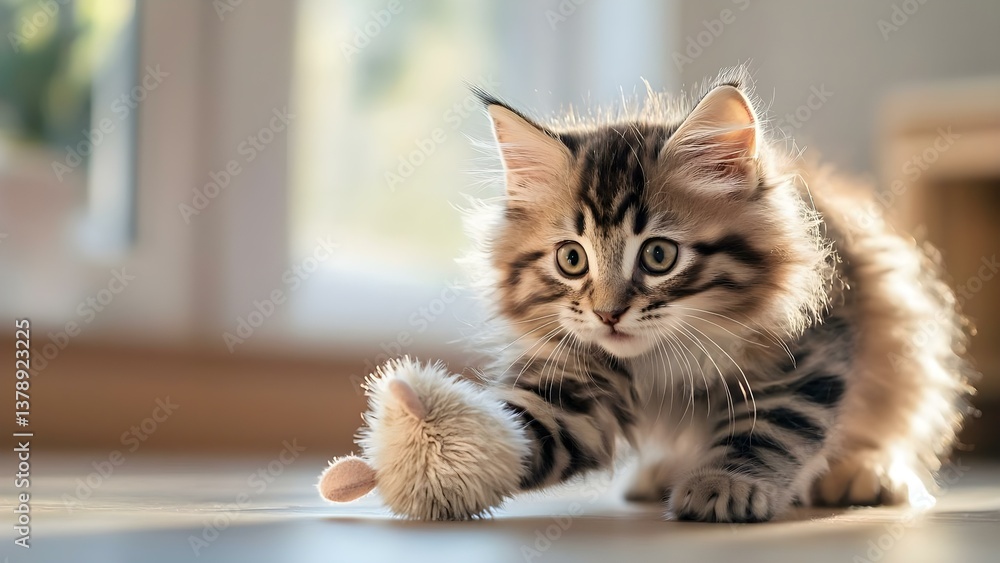 A playful kitten with fluffy fur reaching for a small toy mouse in a well-lit indoor setting. Concept Playful Kitten, Fluffy Fur, Toy Mouse, Indoor Photography, Pet Portraits A playful kitten with fluffy fur reaching for a small toy mouse in a well-lit indoor setting. Concept Playful Kitten, Fluffy Fur, Toy Mouse, Indoor Photography, Pet Portraits