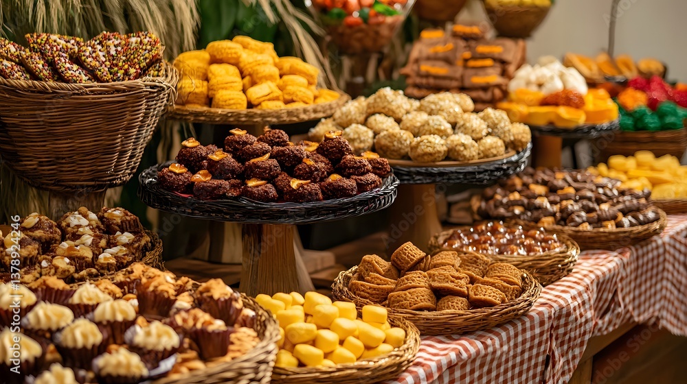 Festa Junina - An array of baked treats arranged on a table, showcasing various textures and colors, ideal for dessert catering and festive celebrations. Festa Junina - An array of baked treats arranged on a table, showcasing various textures and colors, ideal for dessert catering and festive celebrations.