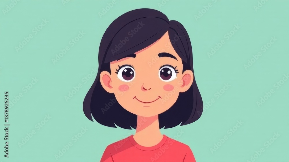 Smiling cartoon girl with short black hair on blue background wearing red shirt. Smiling cartoon girl with short black hair on blue background wearing red shirt.